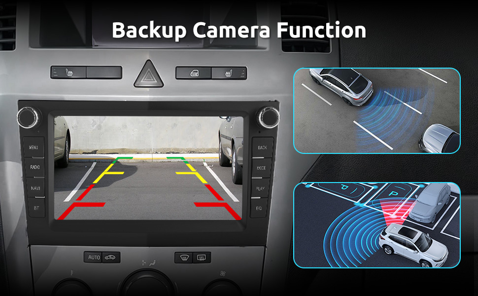 Car stereo system with touchscreen display showing FM/RDS radio and equalizer interface. Multiple screens visible, including radio tuner and audio adjustment sliders.