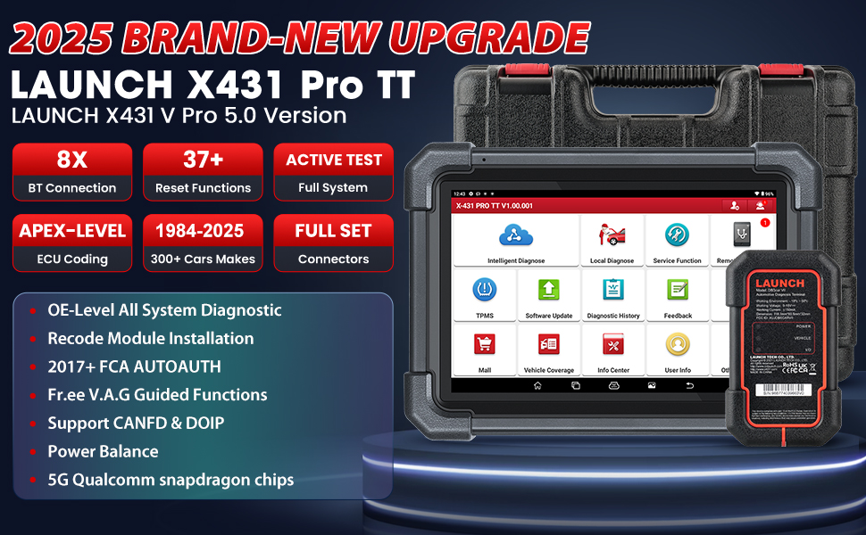 Automotive diagnostic tool LAUNCH X431 Pro TT with tablet display and connector module. Features include 8x BT connection, active test, ECU coding, and support for multiple vehicle systems.