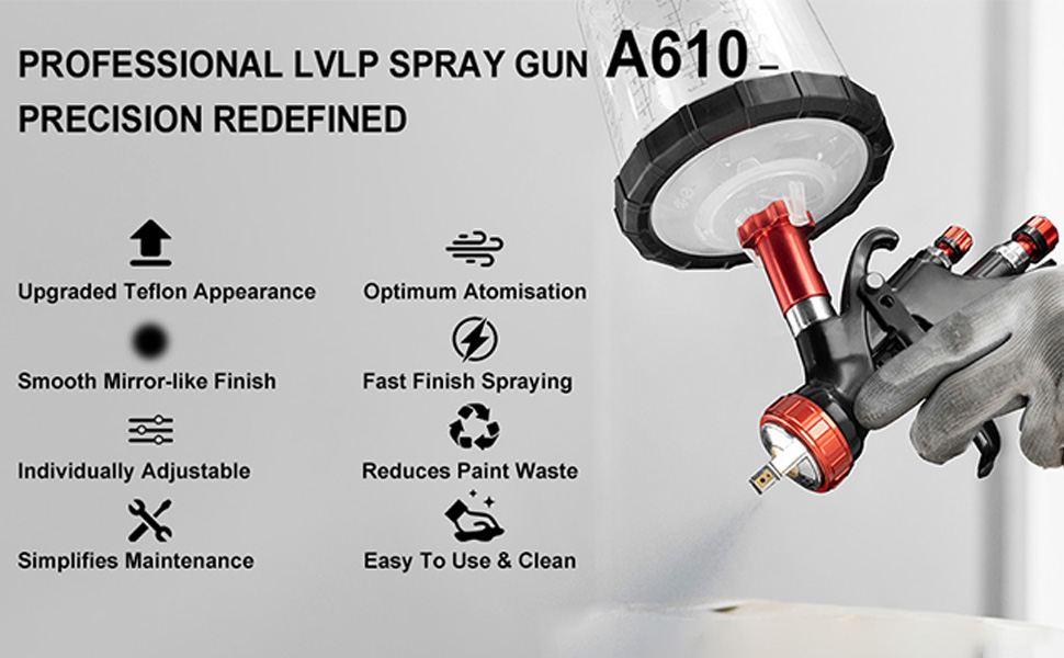Text reads 'PROFESSIONAL LVLP SPRAY GUN A610 PRECISION REDEFINED'. Technical diagram showing spray gun features including 'Smooth Mirror-like Finish', 'Fast Food Spraying', and 'Easy To Use & Clean'.