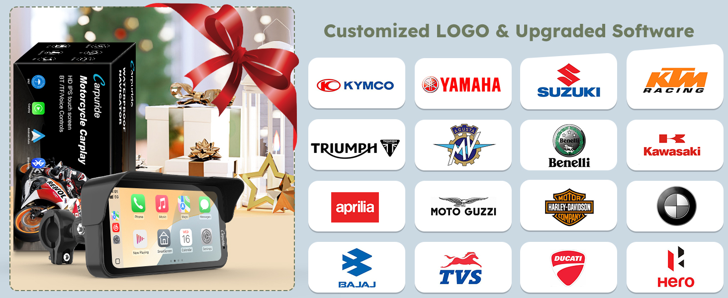 Text reads 'Customized LOGO & Upgraded Software'. Grid display of various automotive brand logos including Kymco, Yamaha, Suzuki, KTM, and others against white background.