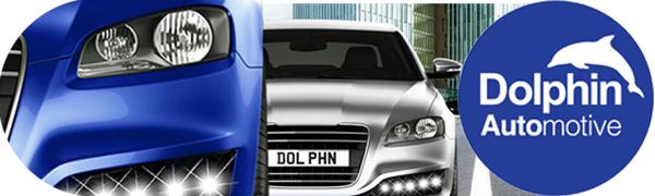Automotive image showing close-up of blue car headlight, front of silver car, and Dolphin Automotive logo with dolphin icon.