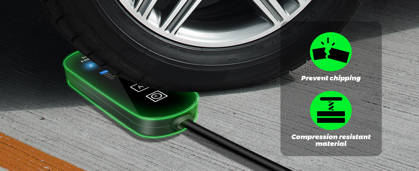Green and black portable car air purifier with USB charging cable displayed next to car wheel. Two product icons shown indicating features and functionality.