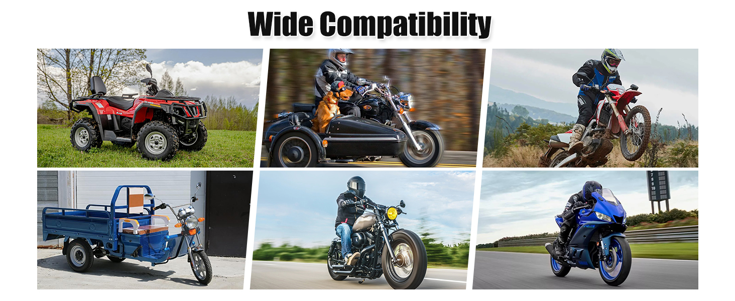 Collage of six images showing various off-road vehicles: ATVs, dirt bikes, and a utility vehicle. Text reads 'Wide Compatibility' above the images.