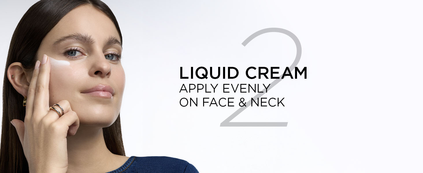 Text reads 'LIQUID CREAM' and 'APPLY EVENLY ON FACE & NECK'. Woman applying cream to face, demonstrating skincare product application technique.