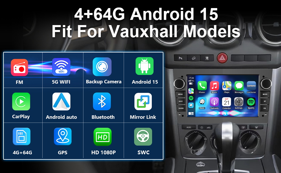 Text reads '4+64G Android 15'. Car stereo system display showing modern interface with app icons and touch screen controls.