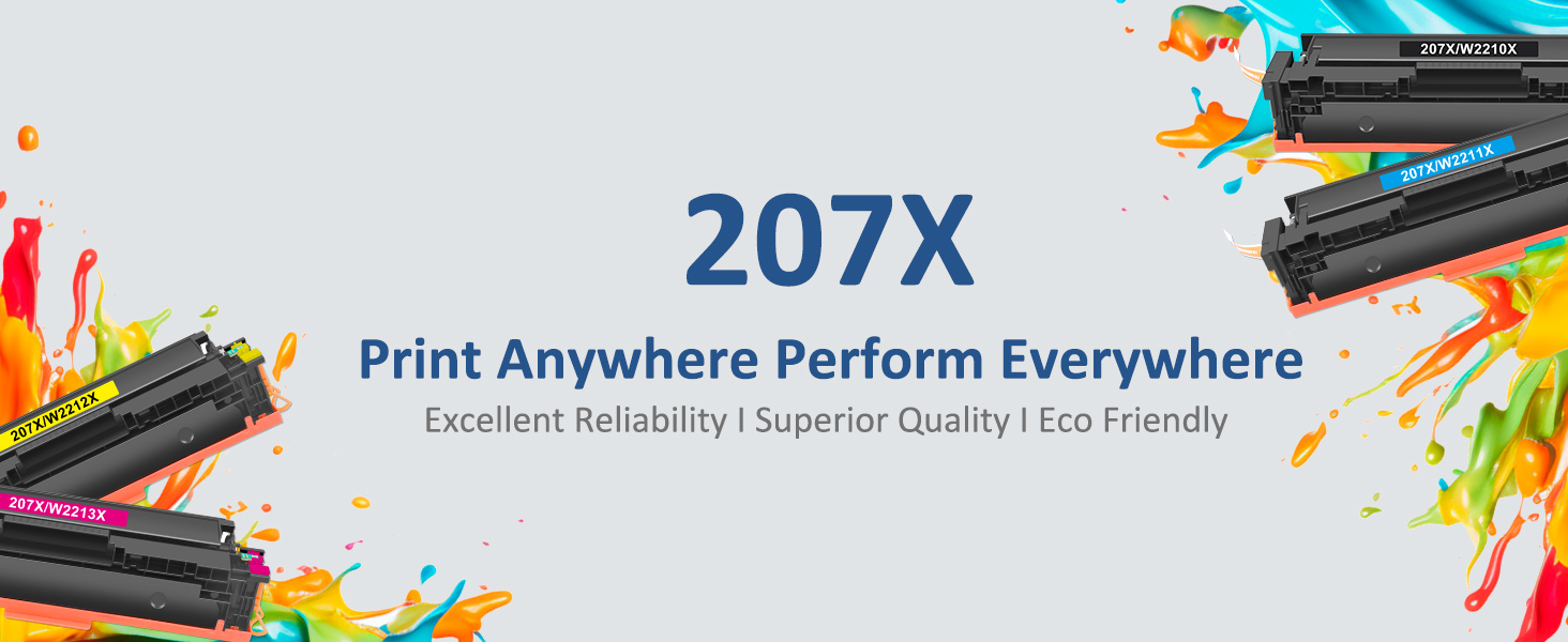 Text reads 'Print Anywhere Perform Everywhere' and '207X'. Abstract colorful paint splash design with blue and orange tones forms a dynamic background.