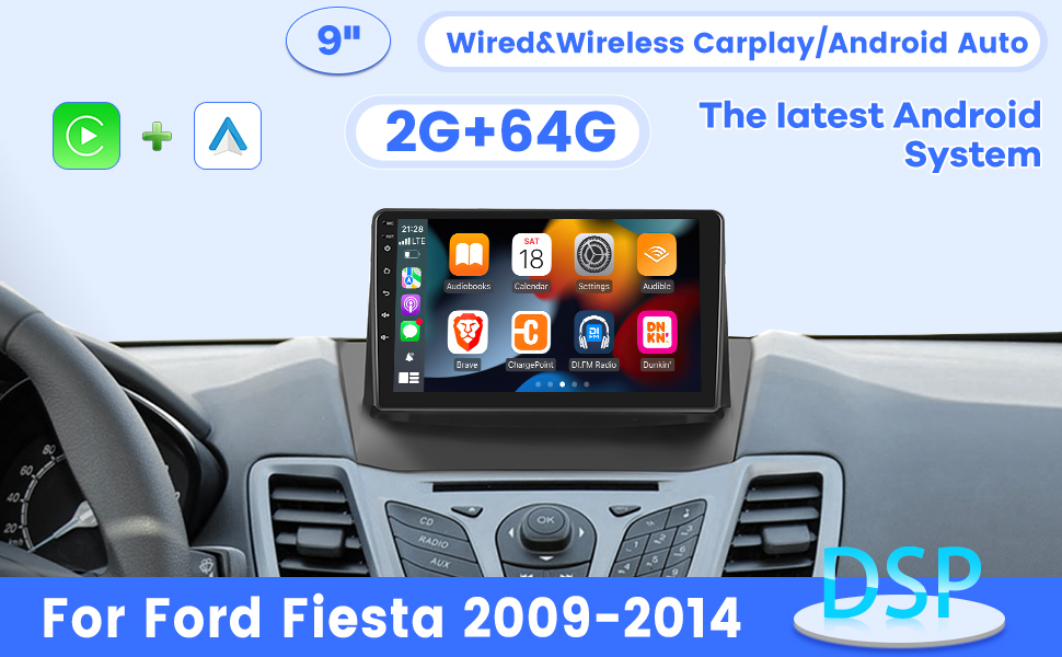 9-inch car infotainment system for Ford Fiesta 2009-2014. Features 2G+64G memory, wired/wireless Carplay/Android Auto compatibility, and latest Android system. Display shows app icons and dashboard integration.