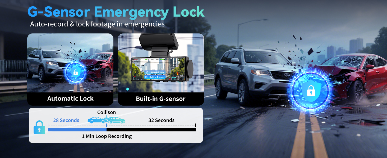 Text reads 'G-Sensor Emergency Lock'. Marketing image showing vehicle security system with automatic lock feature and G-sensor technology, demonstrated with cars on road and digital security interface overlay.