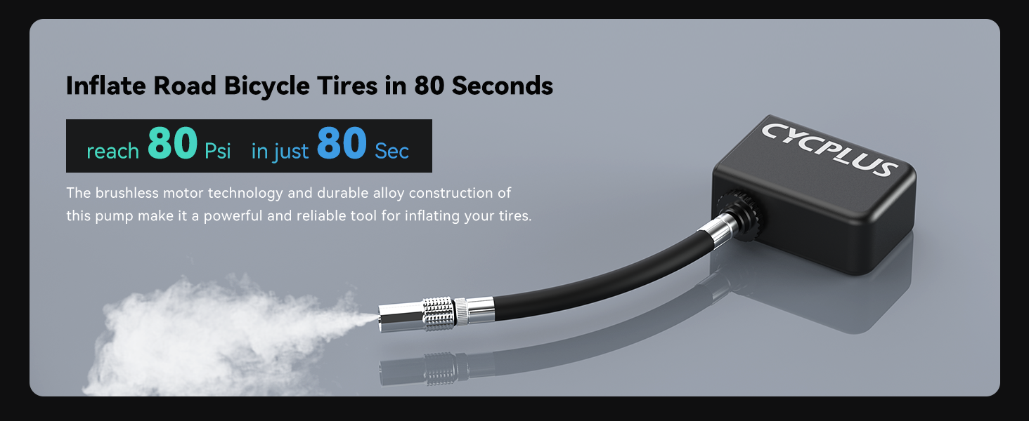 Portable bike tire inflator capable of filling road bicycle tires to 80 PSI in 80 seconds. Compact black device with attached hose.