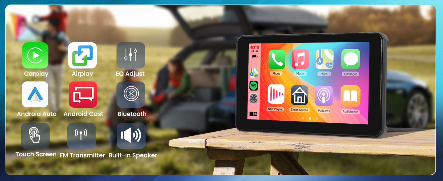 a tablet on a table with a car in the background
