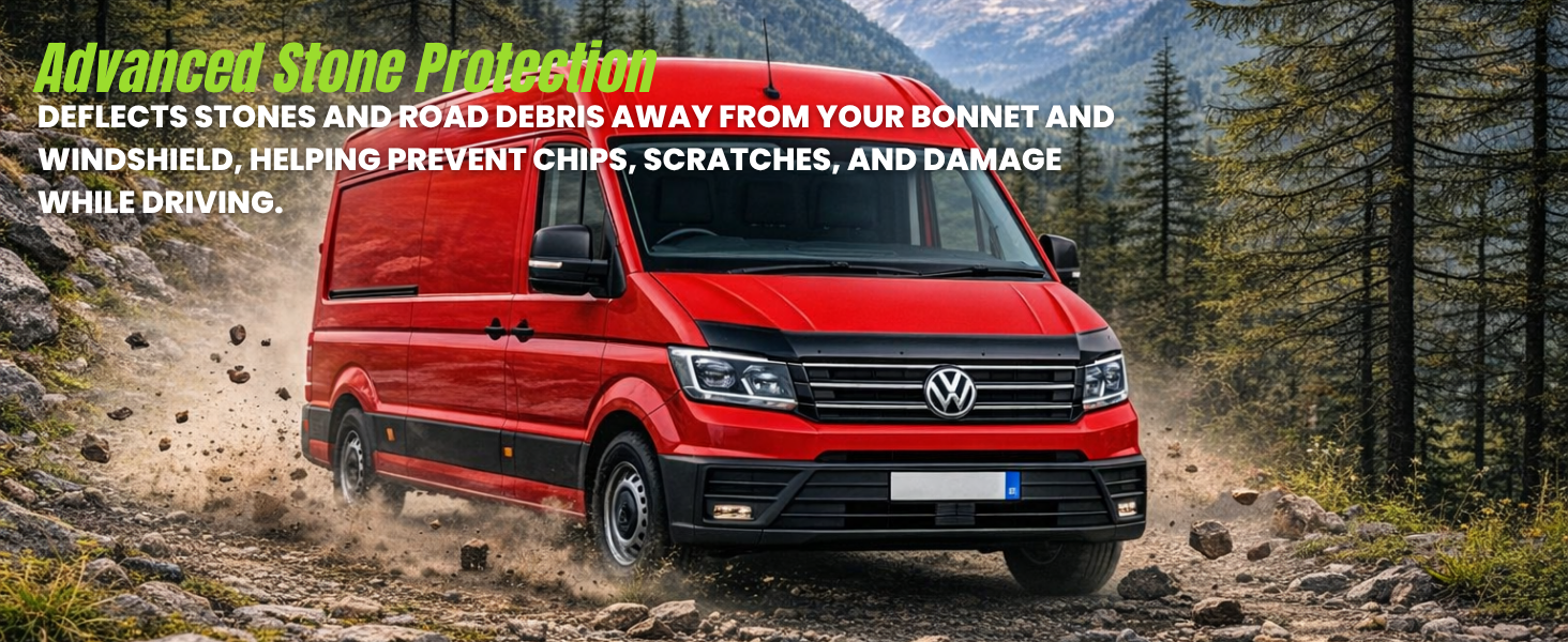 Text reads 'Advanced Stone Protection' and 'DEFLECTS STONES AND ROAD DEBRIS AWAY FROM YOUR BONNET AND WINDSHIELD, HELPING PREVENT CHIPS, SCRATCHES, AND DAMAGE WHILE DRIVING.' Red Volkswagen van driving on dirt forest road with stone debris visible in air.