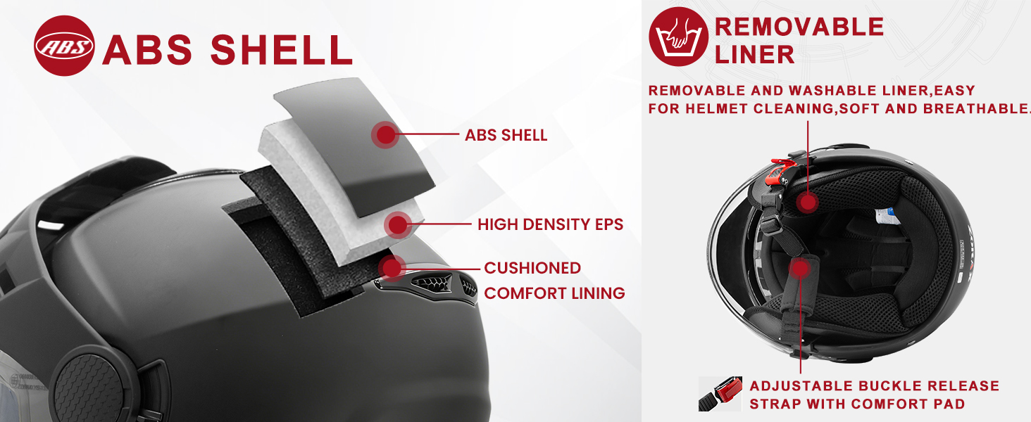 Text reads 'DOUBLE VISOR' and 'INNER SUN VISOR'. Multiple views of a black motorcycle helmet showcasing retractable sun visor system and safety features.