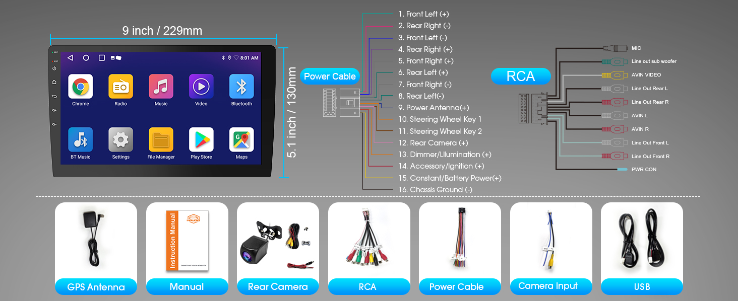 Product diagram showing car entertainment system interface with connection ports and accessories including mounting brackets, cables, and installation tools.