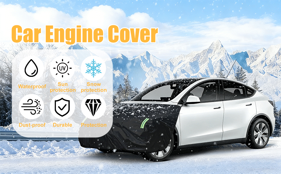 Text reads 'Car Engine Cover'. Product advertisement showing white SUV in snowy mountain setting with icons indicating waterproof, sun protection, and cold resistance features.