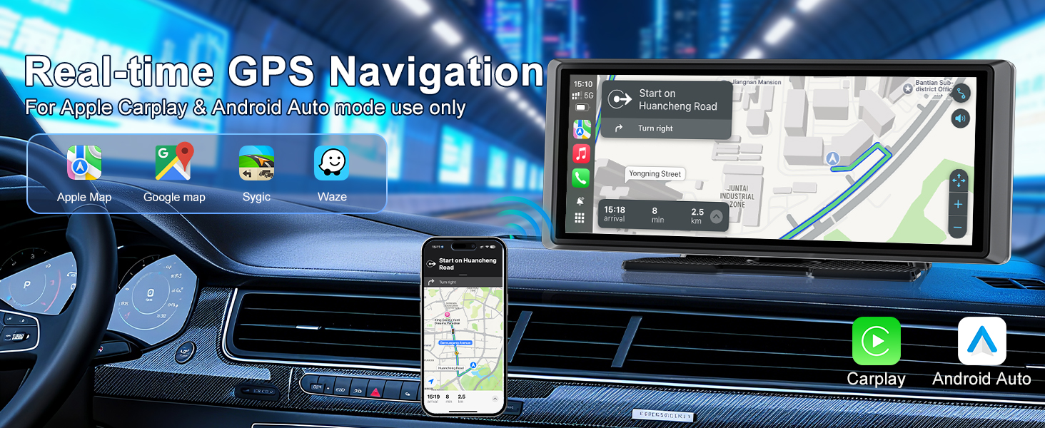Text reads 'Real-time GPS Navigation' shown on car dashboard display. Navigation interface visible with map and route guidance features.