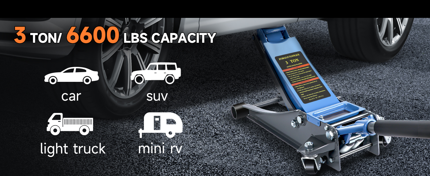 Blue hydraulic floor jack with 3-ton/6600 lbs capacity, suitable for cars, SUVs, light trucks and mini RVs, shown against dark background.