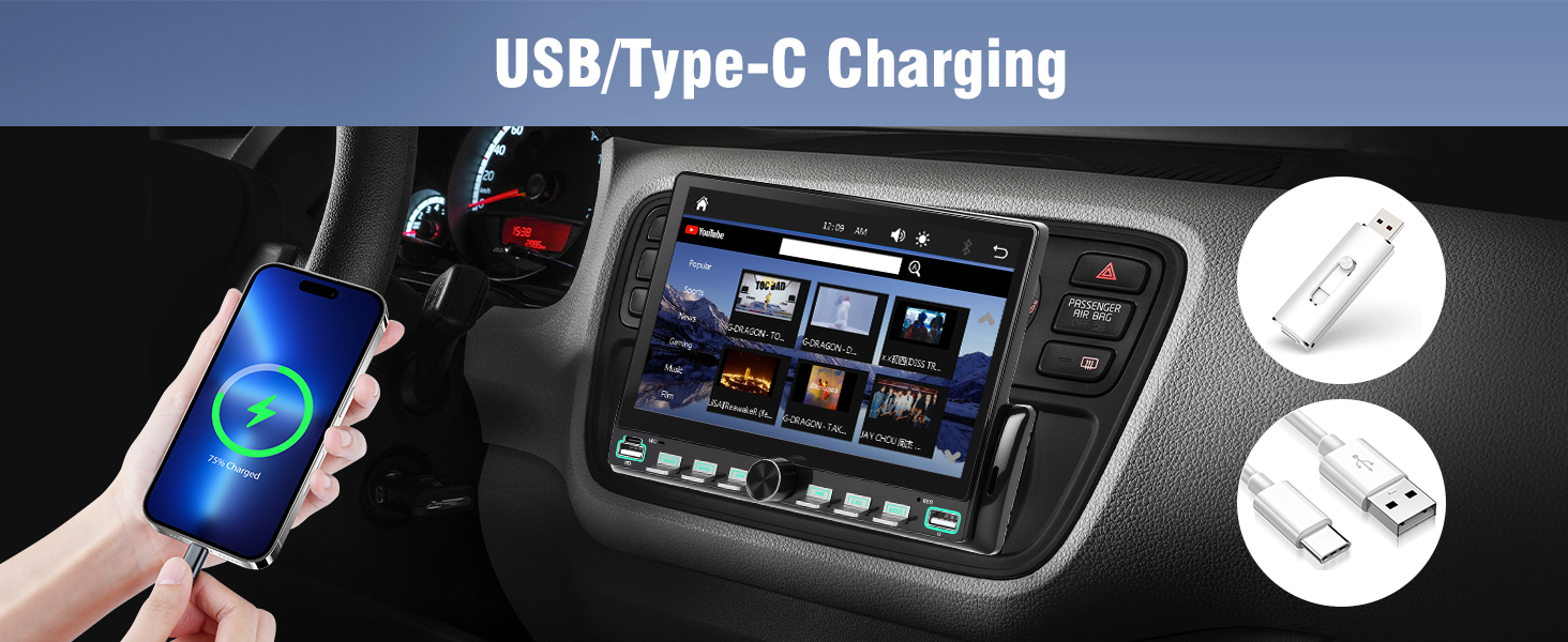 Text reads 'USB/Type-C Charging'. Multiple images showing a device charging interface and connection process in a vehicle dashboard setting.