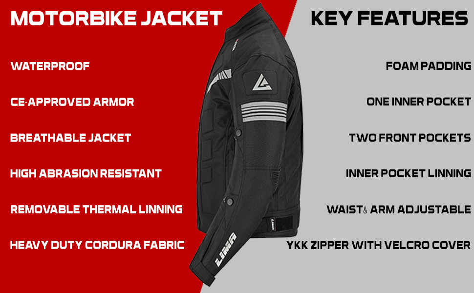 Text reads 'MULTIPLE'. Detailed display of a black motorcycle jacket from multiple angles, showing storage pockets and various design features.