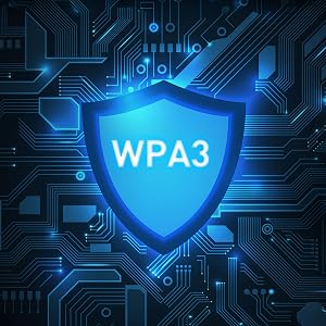 Text reads 'WPA3'. Blue glowing shield icon with circuit board pattern background, representing wireless security protocol technology.