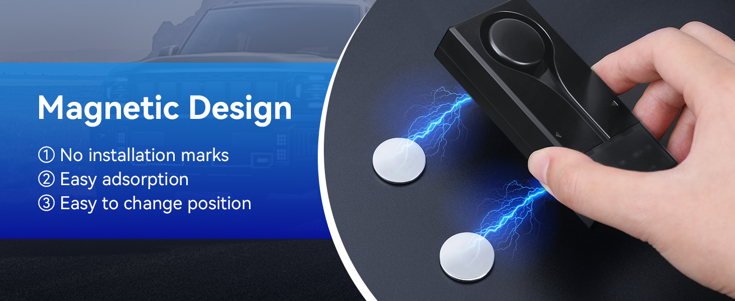 Text reads 'Magnetic Design' followed by bullet points '1) No installation marks 2) Easy movement 3) Low power consumption'. Shows hand interacting with a device emitting blue light.