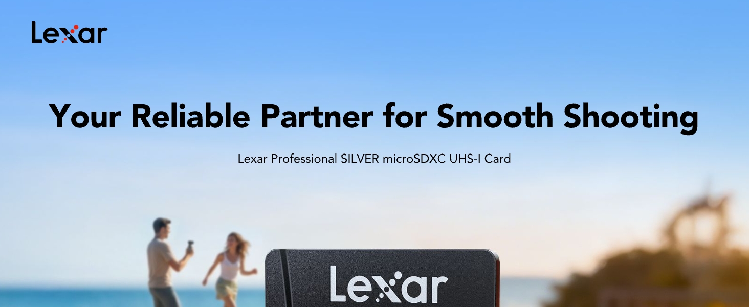 Text reads 'Lexar', 'Your Reliable Partner for Smooth Shooting', 'Lexar Professional 2000x Memory Card'. Brand banner with couple outdoors holding video camera equipment.