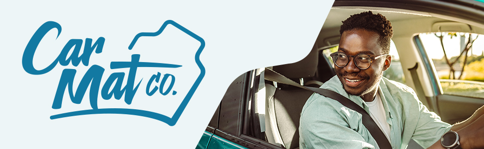 Car Mat Co. company logo featuring a blue stylized car silhouette design, shown with interior vehicle view.