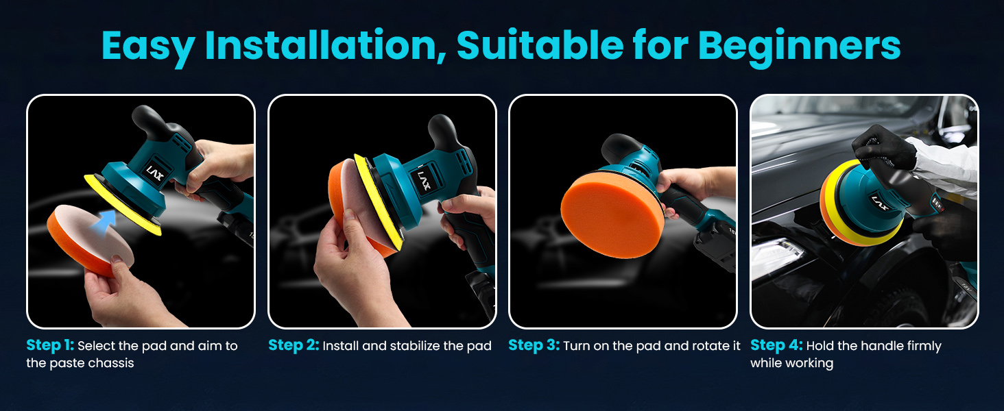 Text reads 'Easy Installation, Suitable for Beginners'. Four-panel instructional image showing hands demonstrating installation steps of a polishing or buffing tool on a surface.