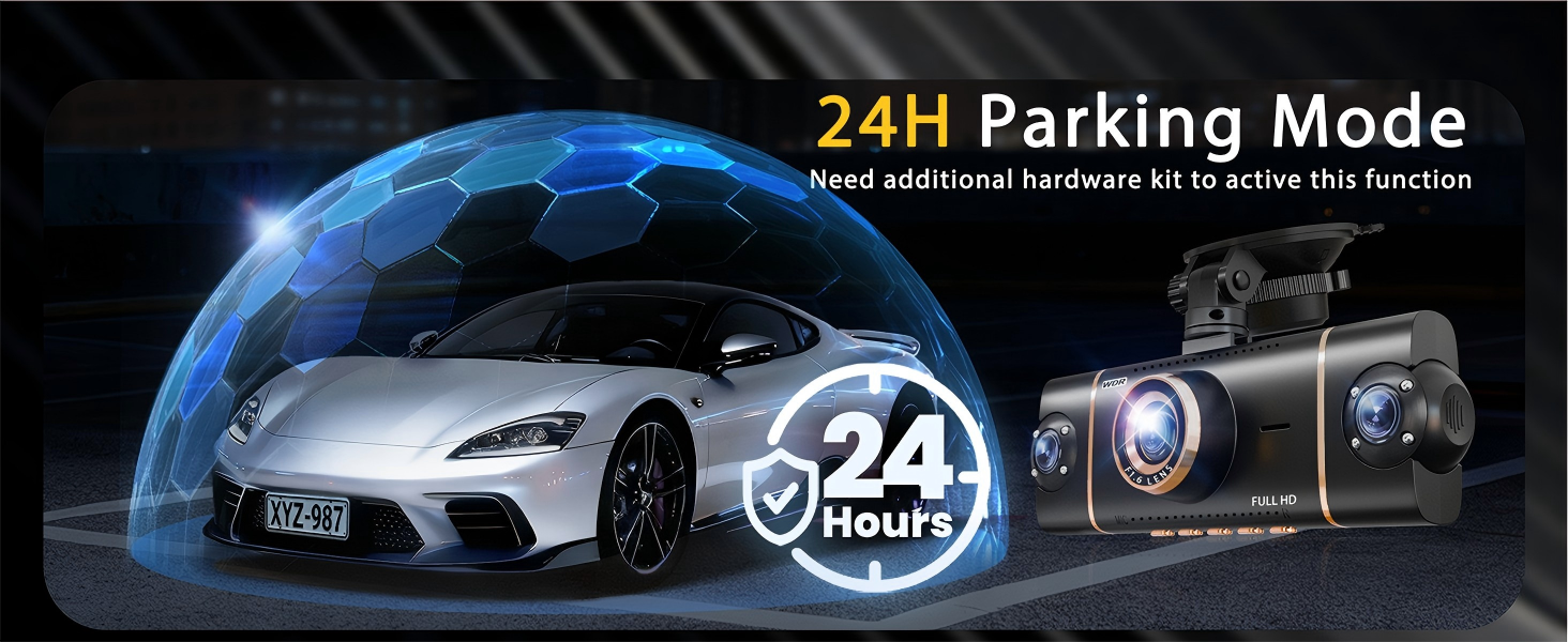 Text reads '24H Parking Mode'. Image shows white sports car with blue globe, dashboard camera icons, and '24 Hours' badge indicating continuous surveillance monitoring feature.