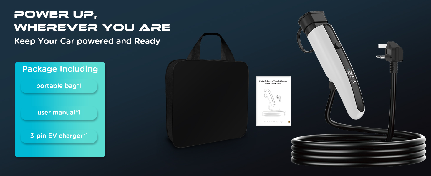 Text reads 'POWER UP, WHEREVER YOU ARE' and 'Keep You Charged and Ready' with 'Portable charger' and 'Long playtime' labels. Shows white portable battery charger, charging cables, and accessories on dark background.