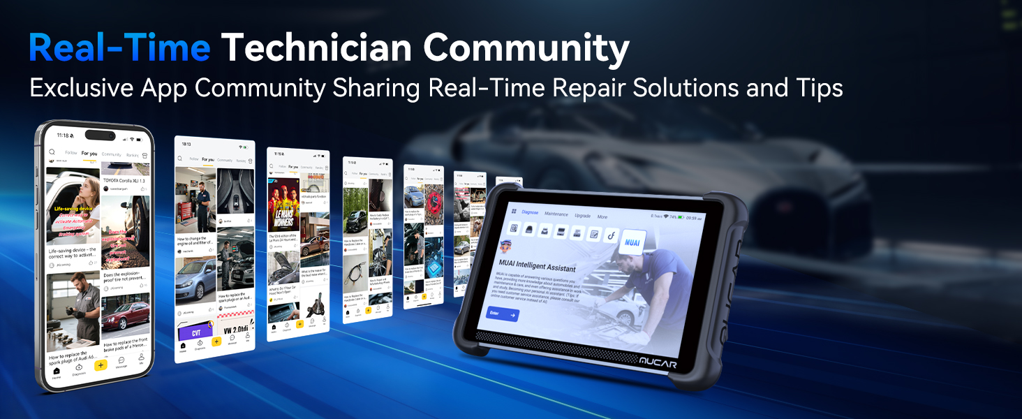Text reads 'Real-Time Technician Community'. Digital interface showing multiple screens and user avatars in a dark blue technical environment.