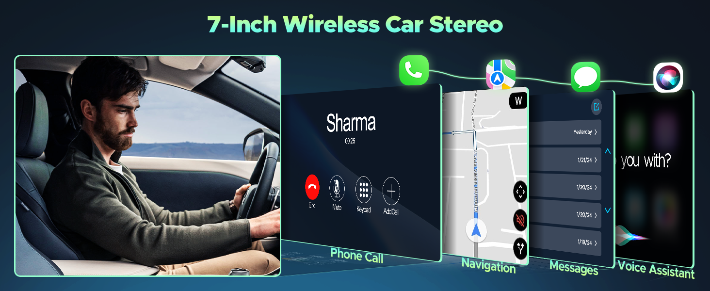 7-inch wireless car stereo interface showing navigation, call features, and media controls on multiple screens.