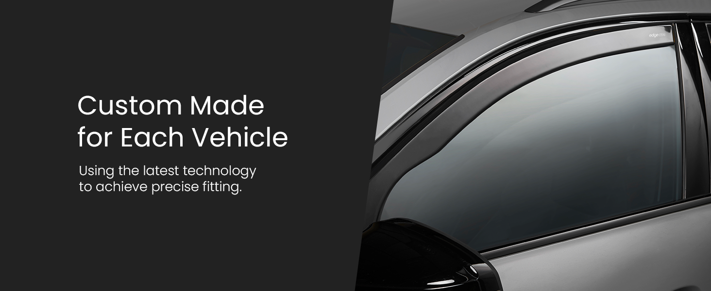Close-up of a car's side window, highlighting custom-fit window accessories. Text indicates precise fitting using latest technology for each vehicle.