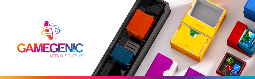 Text reads 'GAMEGENIC'. Collection of colorful gaming accessories and components arranged in a display layout with brand logo.