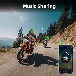 Text reads '6 Riders Mesh Intercom'. Sequence of motorcycle riders on a winding road demonstrating group formation and communication system usage.