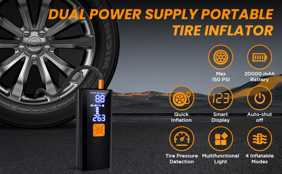 Text reads 'DUAL POWER SUPPLY PORTABLE TIRE INFLATOR'. Black product image shows tire with icons indicating features: tire pressure detection, LED light, auto pump shutdown, and multifunctional settings.