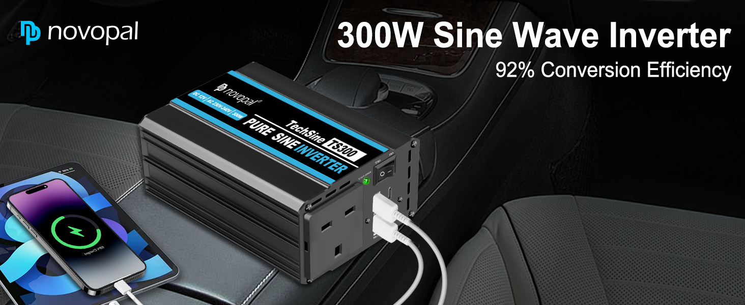 Text reads 'novopal', '300W Sine Wave Inverter', '92% Conversion Efficiency'. Black rectangular power inverter device with blue accents, displaying USB charging ports and power connections for powering mobile devices.
