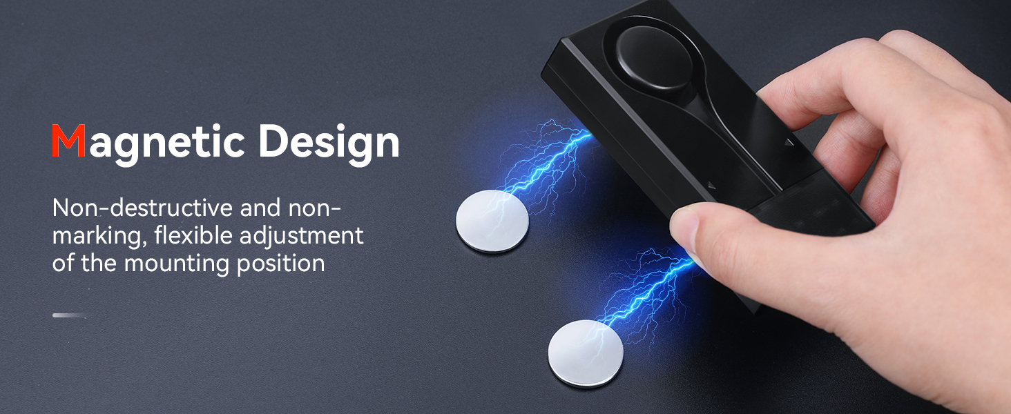 Text reads 'Magnetic Design' 'Non-destructive and non-marking, flexible adjustment of the mounting position'. Same magnetic device demonstration as Image 6.