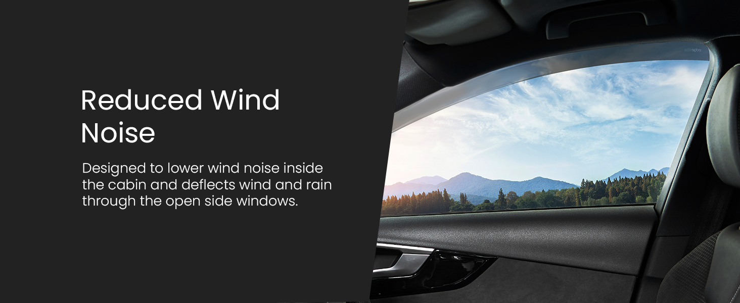 Car window with view of mountains, demonstrating reduced wind noise feature. Text explains it lowers noise inside and deflects wind and rain.