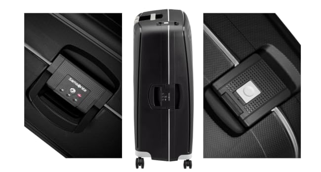 Multiple views of red wheeled luggage being pulled through an airport or similar indoor setting with tiled floors and white walls.