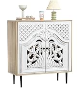Yvsevnr Farmhouse Accent Cabinet with 3 Adjustable Shelf Magnetic Closure Rattan Buffet Storage C...