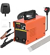 Multiple views of an orange and black portable welding machine with digital display. Shows power cables and electrode holder attachments.
