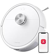 Circular black robotic vacuum cleaner with a raised center dial. Smartphone displays app interface for device control. Brand name 'roborock' visible on vacuum.