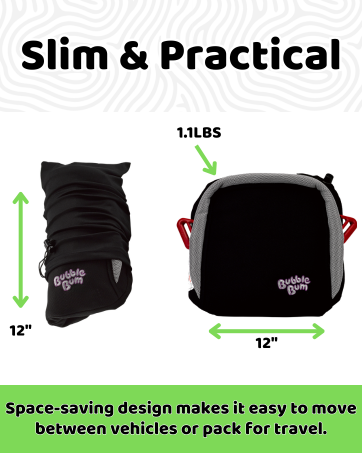 Text reads 'For Kids 40-110 lbs' and 'Ideal for children who meet booster seat weight guidelines typically ages 4-11.' Child wearing black and white booster seat against colorful brick background.