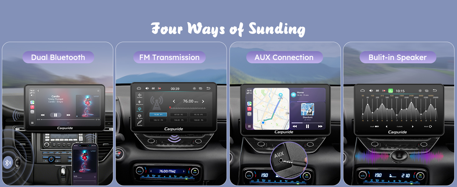 Text reads: 'Zous Ways of Sending' with four horizontal panels showing different interior car dashboard and window views with various communication or navigation interface displays.