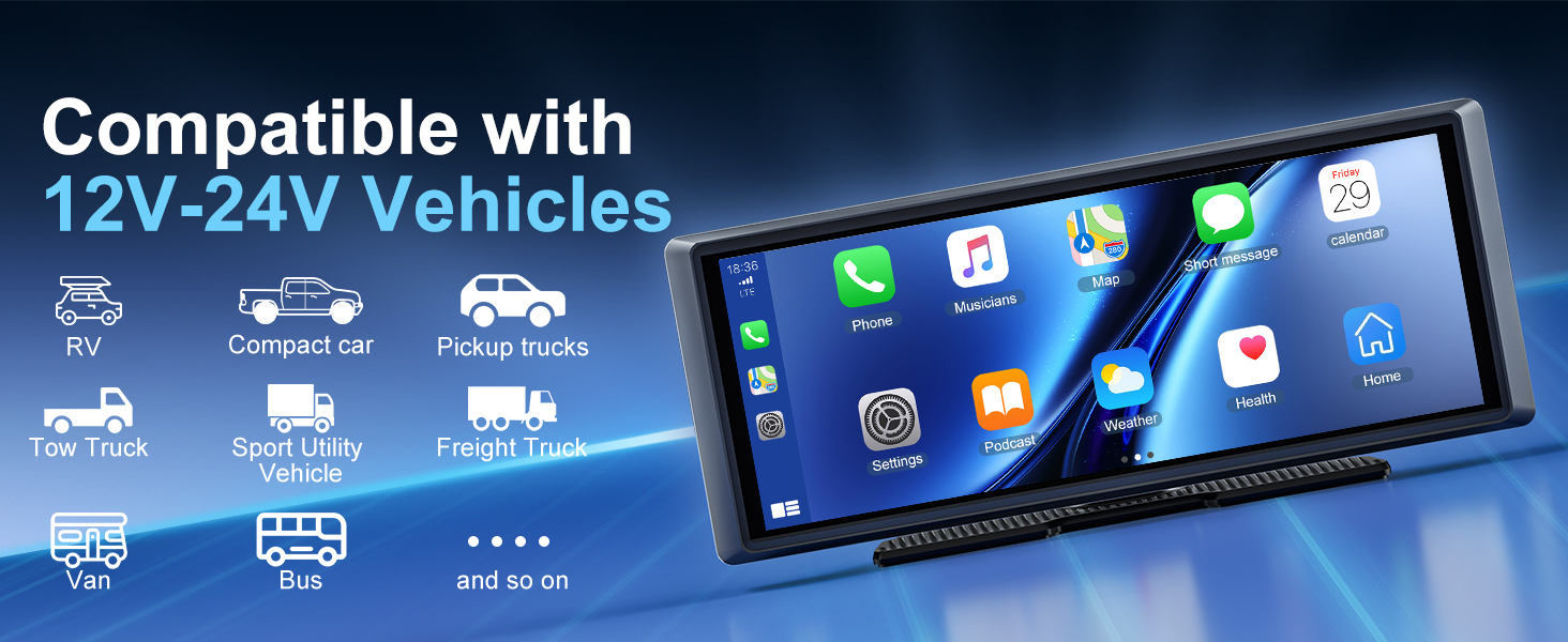 Text reads 'Compatible with' and '12V-24V Vehicles'. Digital display interface showing blue-themed menu with various icons and connectivity options.