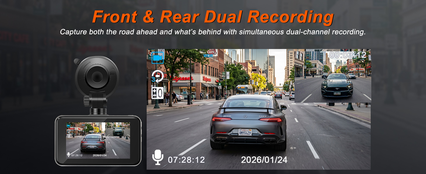 Text reads 'Front & Rear Dual Recording'. Dash camera display showing street scene with car, timestamp 20240102, and dual recording capability from front and rear lenses simultaneously.