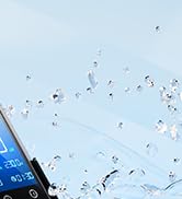 Water-resistant electronic device with black handle and blue digital display being splashed with water droplets.