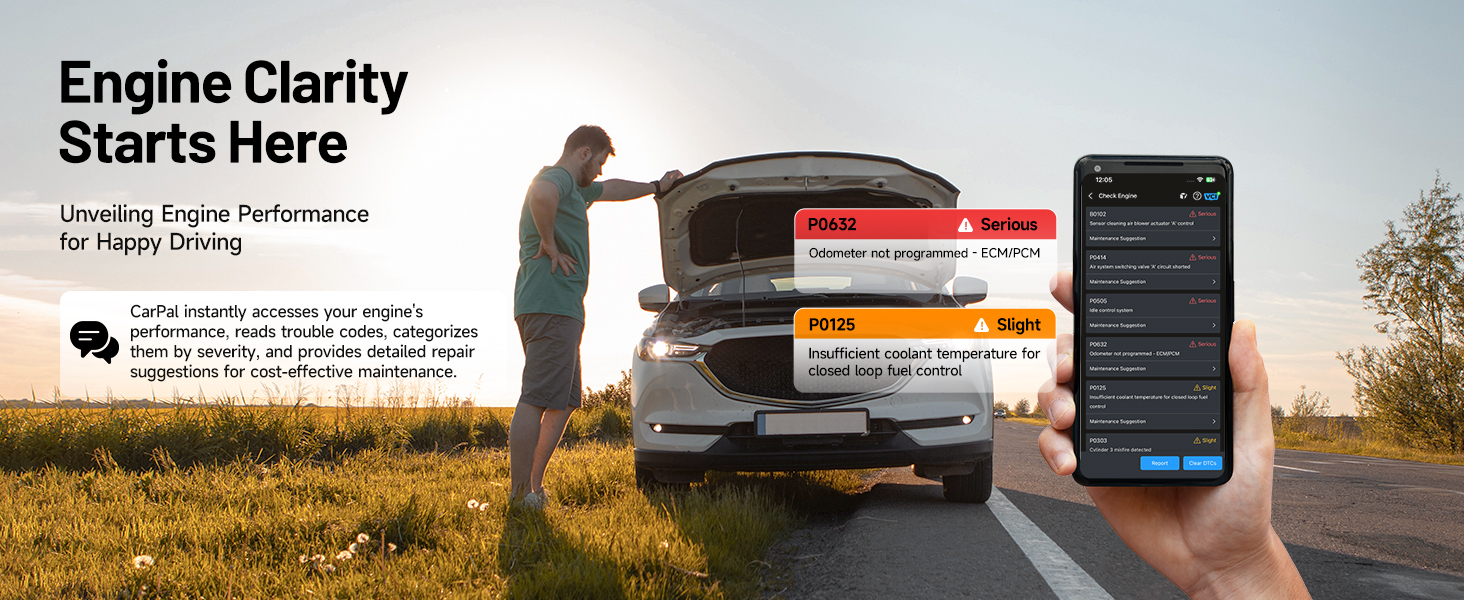 Digital vehicle diagnostic interface showing mobile app screen, with vehicle hood open in background against rural sunset setting.