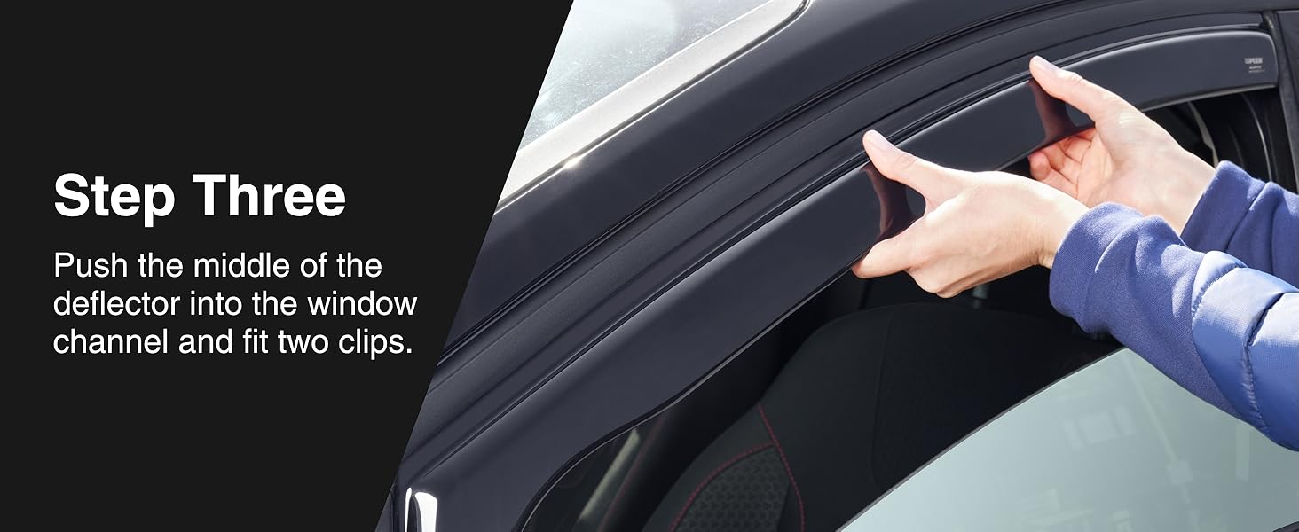Car window deflector installation guide. Shows hand pushing middle of deflector into window channel for secure fit.
