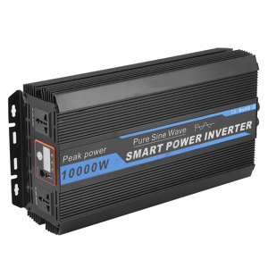Additional views of black power inverter unit with blue trim, showing multiple connection ports, control panel, and included mounting accessories.